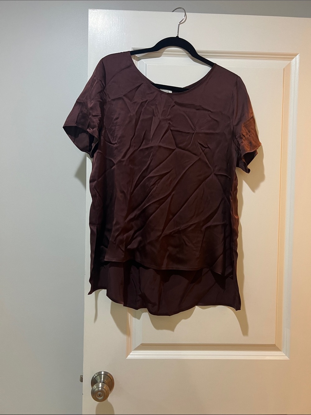 Cuyana Layered Short Sleeve Satin Blouse — Burgundy